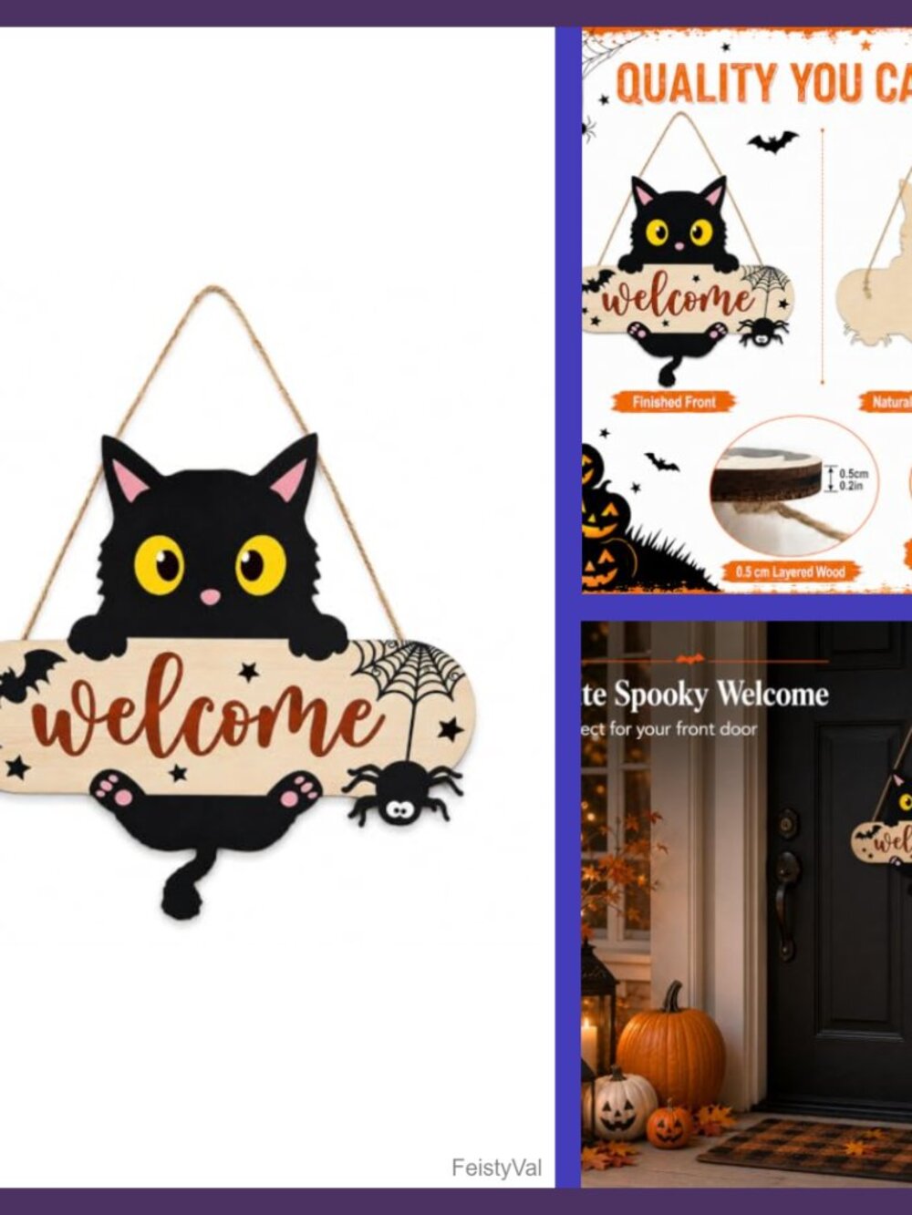 12x12 Wood Halloween Welcome Sign Black Cat Hanging Door Decor